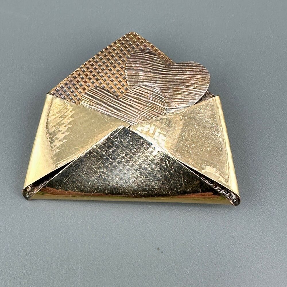 Vintage Envelope Brooch Pin Metal Hearts Kathleen Doyle Tom Reardon Gold Tone